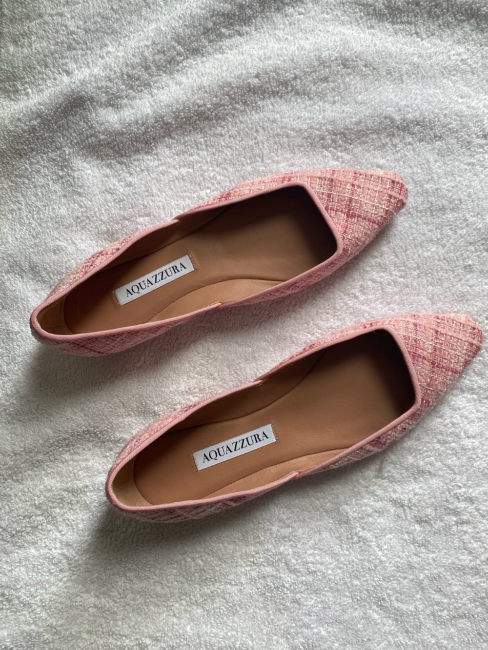 Aquazzura Pink Tweed Pointed Square Toe Flats, 37